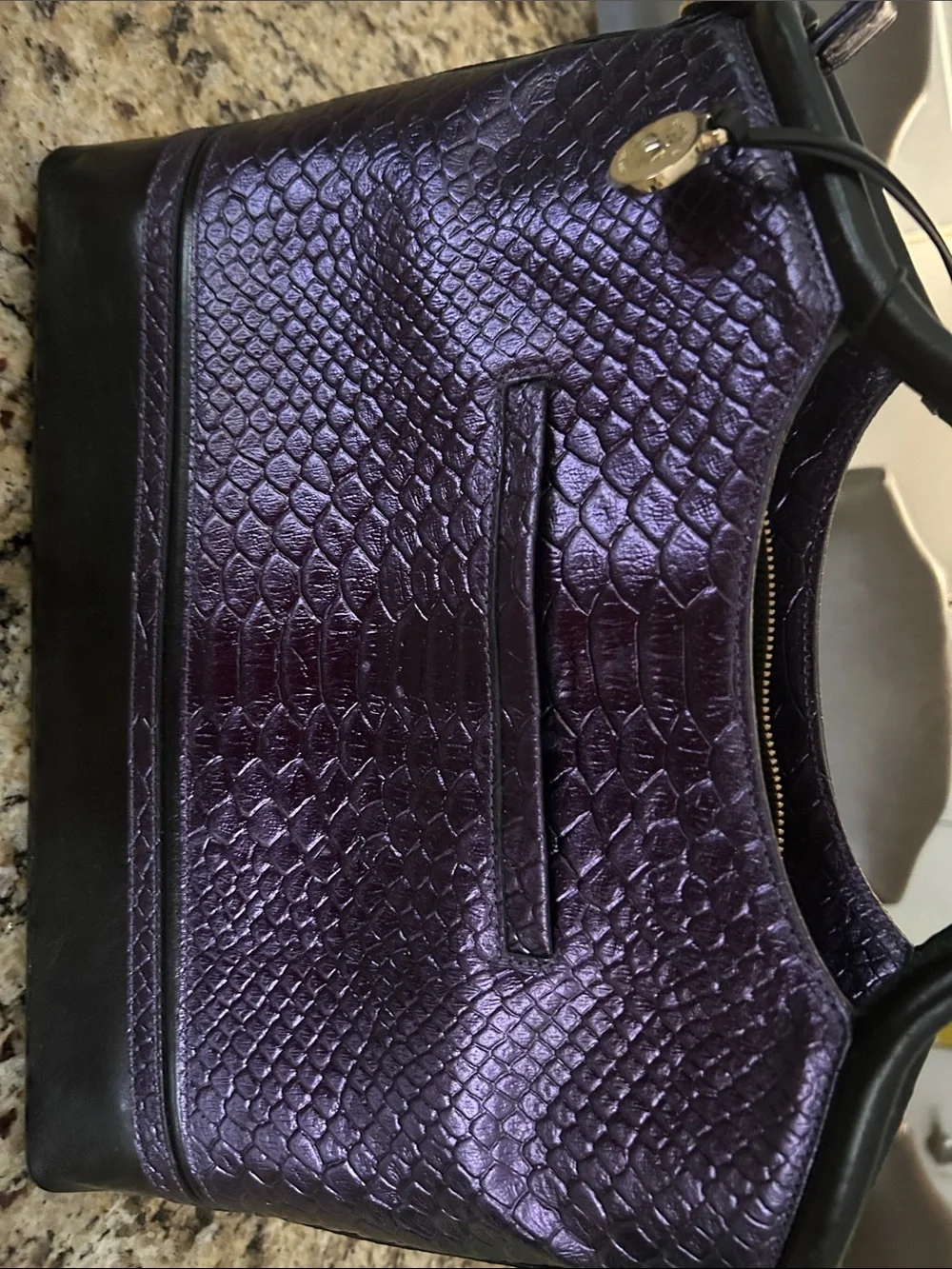 Brahmin Purple Faux-Snakeskin Tote with Black Trim and Gold Accents - Picture 5 of 11